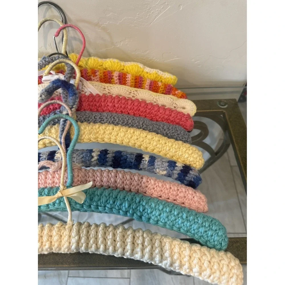 10 PC Vtg 70s Handmade Crochet Padded Clothes Hanger Lot Retro Cottagecore Boho